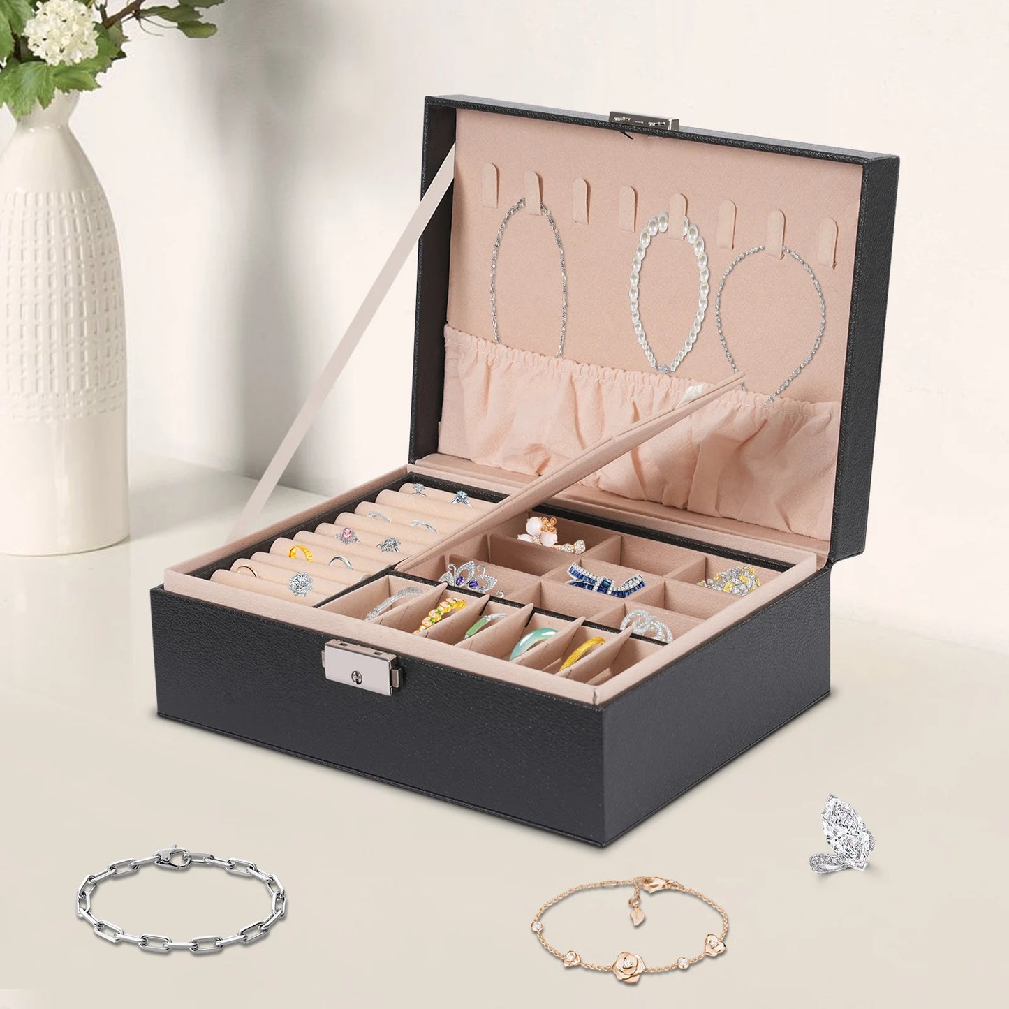 Double Layer PVC Jewelry Box With Velvet Interior And Divider