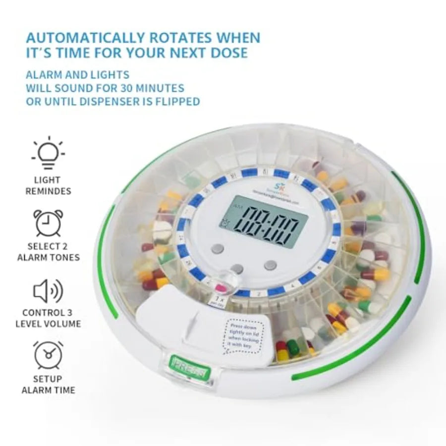 Automatic Pill Dispenser With Safety Lock And Alarm Light