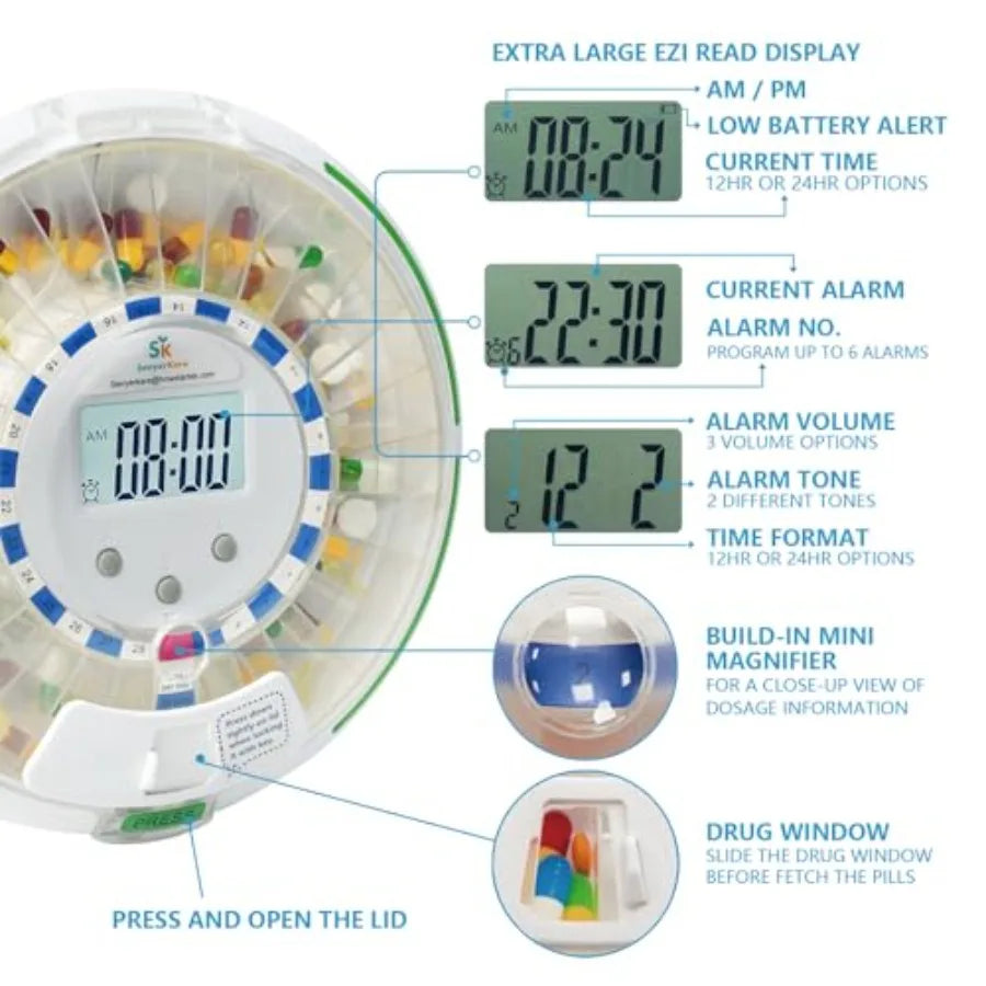 Automatic Pill Dispenser With Safety Lock And Alarm Light