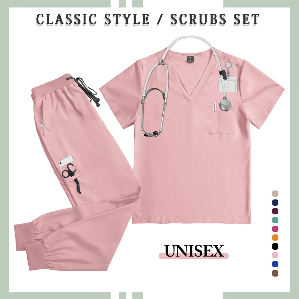 NONECN Surgery Scrubs Set Women Short Sleeve Top Pants Medical Uniform